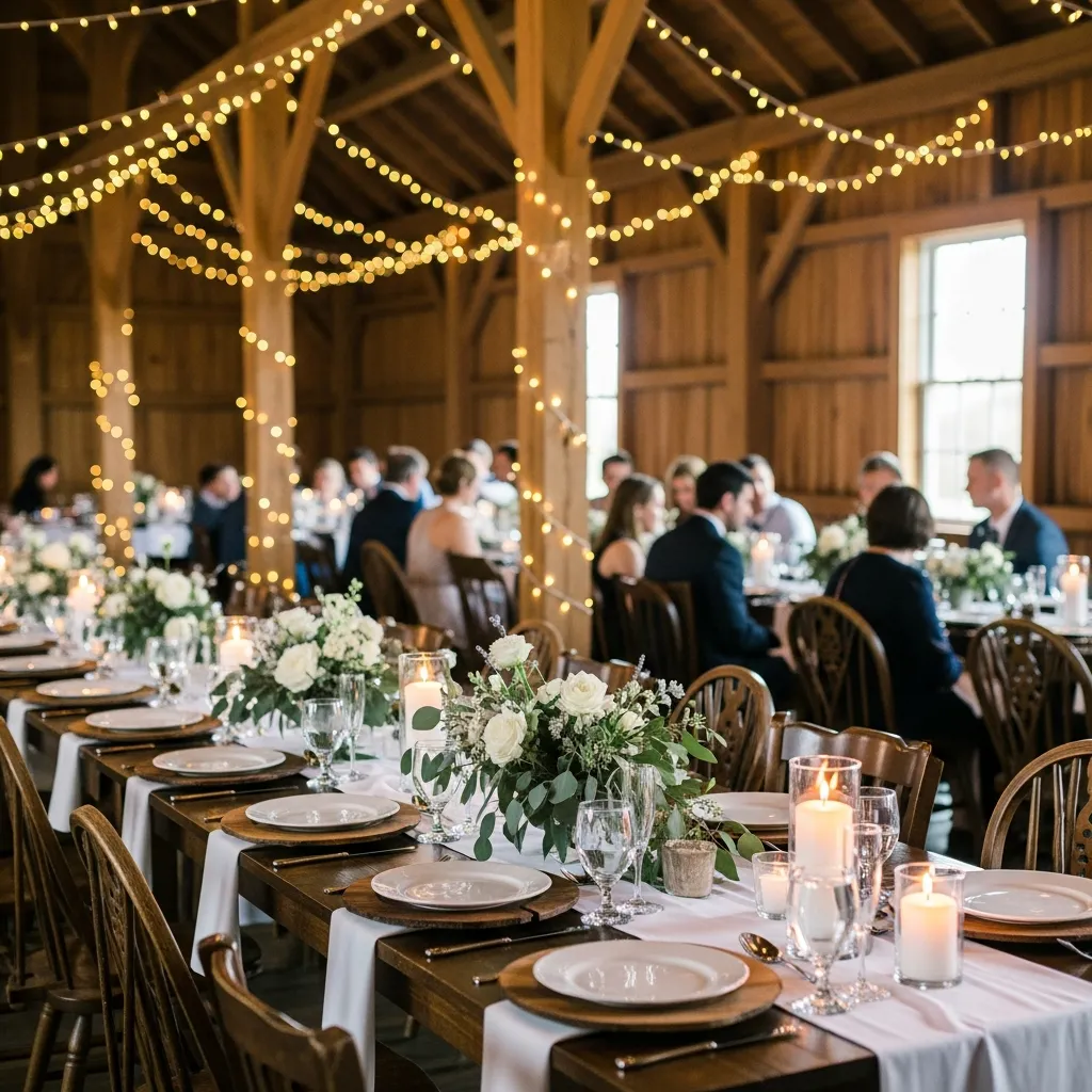 Elegant bryllupsreception med rustikke borde og delikate blomsterarrangementer