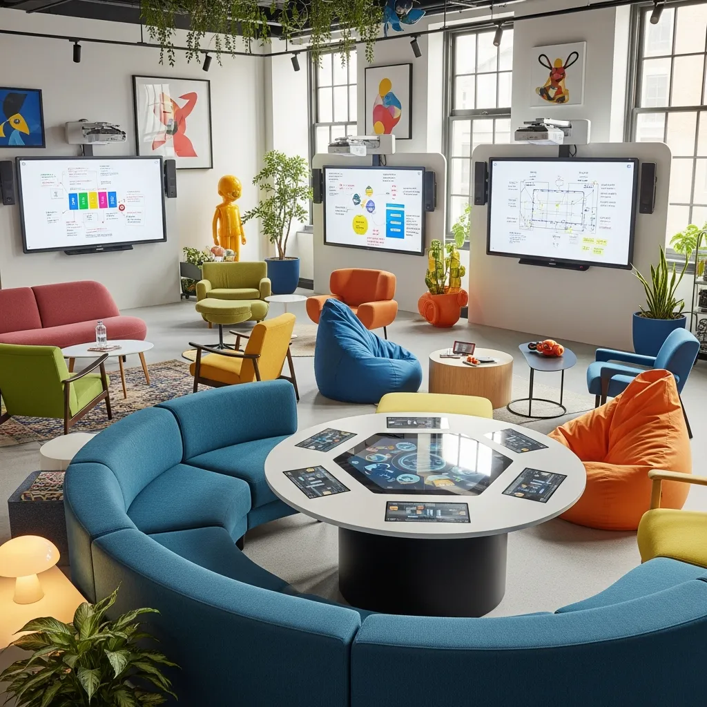 Kreativt møderum med komfortable siddemøbler og interaktive områder